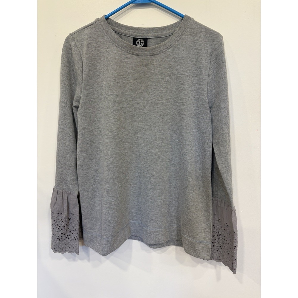 Gray Long Sleeve Top Women's Cotton Stretch Eyelet Lace Bell Sleeve Cuff Boho M